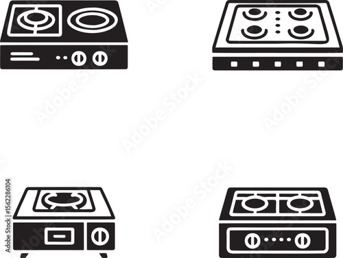 Gas Stove silhouette set vector illustration isolated On Transparent Background