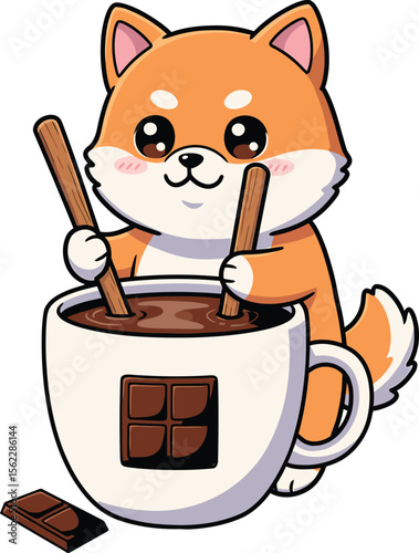 Adorable shiba inu character mixing a delicious cup of hot chocolate with chocolate bars vector illustration