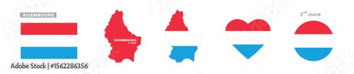luxembourg flag and map set. luxembourg flag in official colors and proportions. independence day 2 june , map, circle and heart shaped luxembourg 