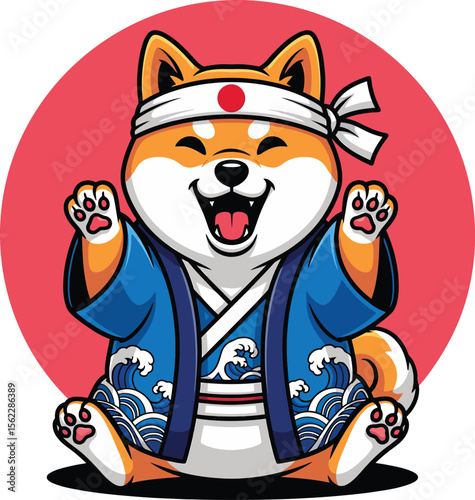 Joyful shiba inu dog wearing traditional japanese clothing with a wave pattern vector illustration