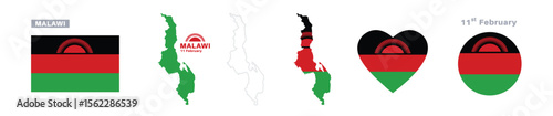 malawi flag and map set. malawi flag in official colors and proportions. independence day 11 february , map, circle and heart shaped malawi 