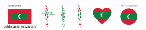 maldives flag and map set. maldives  flag in official colors and proportions. independence day 16 december , map, circle and heart shaped maldives 
