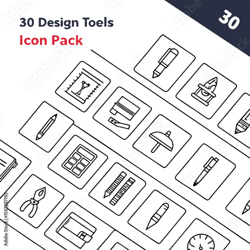 Collection of thirty design tools icons in a pack featuring various graphic design related equipment icons