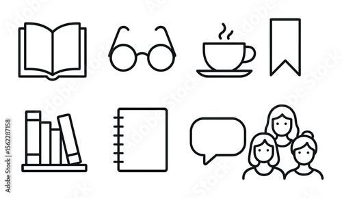 Book club essentials icons set – outline, reading and literature symbols