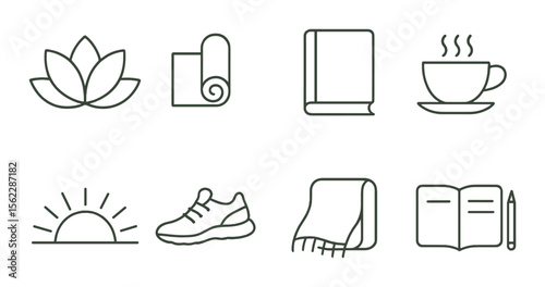 Women's retreat outline icons set – simple, relaxation and wellness graphic symbols
