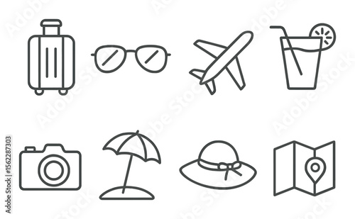 Travel and tourism line icons set – linear vacation and holiday symbols collection