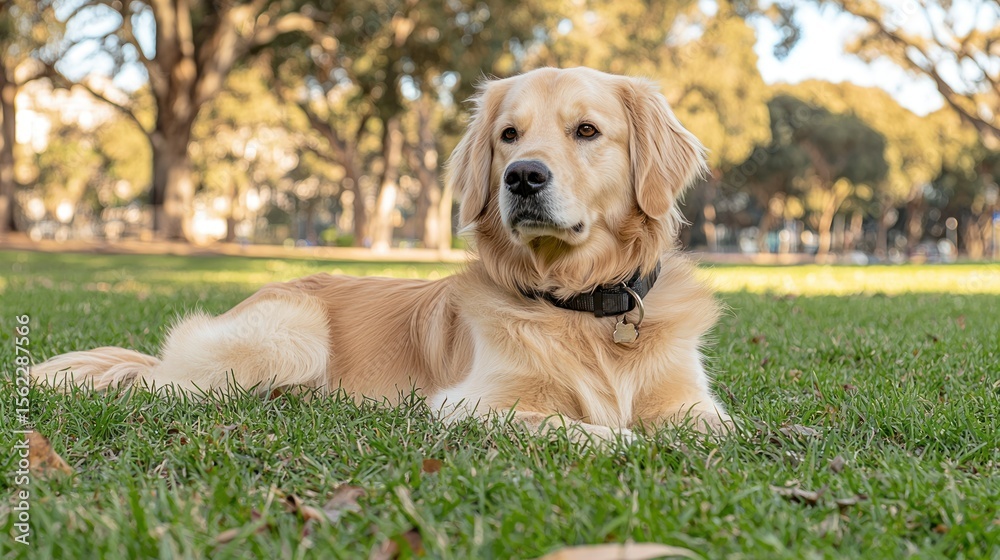 Golden retriever rests on green grass outdoors Golden retriever rests on green grass outdoors