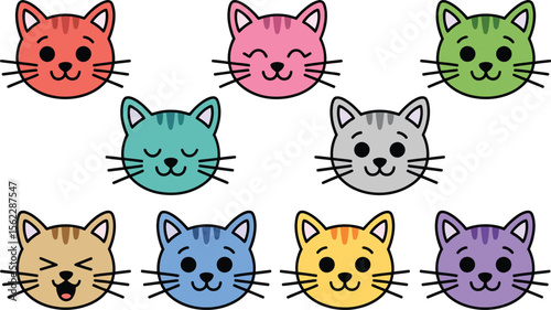 Cute colorful cats vector illustration cartoon kitten faces pet drawing animal design graphic art feline head