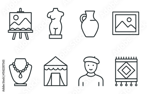 Art fair linear icons set – gallery, exhibit and show symbols