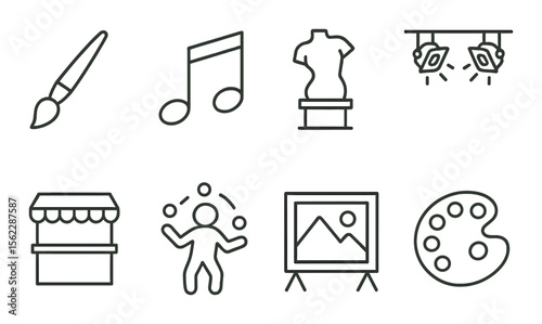 Youth and art icons set – outline, creative, hobby and artistic activity symbols