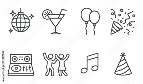 Party essentials icons set – line style, celebration and event symbols