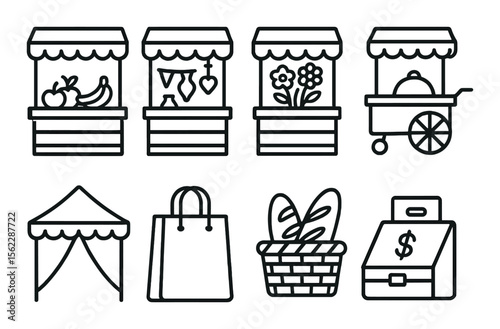 Market and shopping icons set – outline, commerce and retail symbols