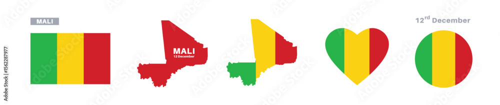 Fototapeta premium mali flag and map set. mali flag in official colors and proportions. independence day 12 december , map, circle and heart shaped mali 