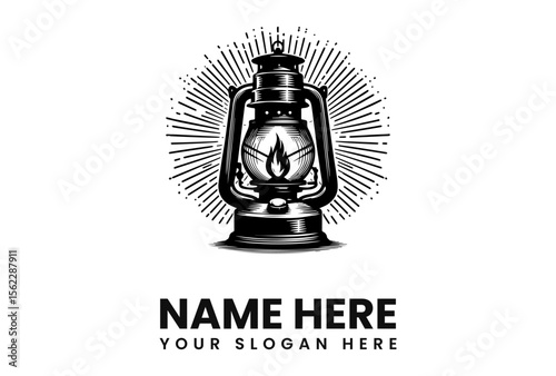 Vintage kerosene lantern logo design, radiating light, classic style, black and white illustration.