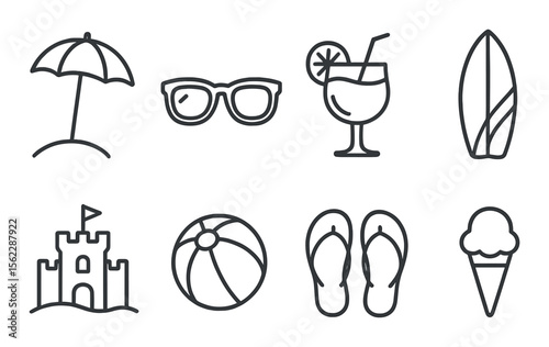 Summer beach icons set – outline, vacation and seaside theme symbols for fun