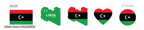 libya flag and map set. libya flag in official colors and proportions. independence day 3 october, map, circle and heart shaped libya 