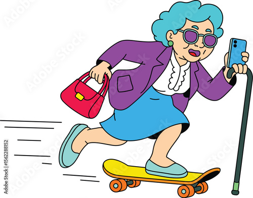 Illustration of a senior woman skateboarding with phone and cane for active lifestyle concept art