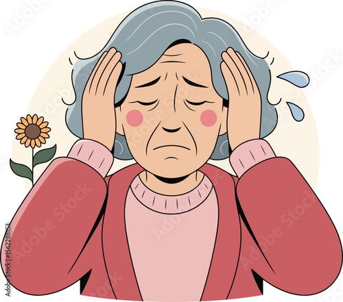 Understanding senior woman stress and anxiety with headache and depression illustration vector art