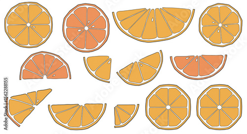 Various slices of orange in different shapes and sizes  