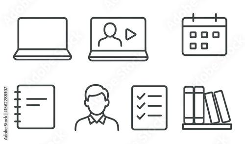 Online education linear icons set – simple, e-learning and virtual study symbols