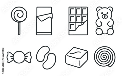 Sweet candy icons set – line, confectionery and dessert symbols for design
