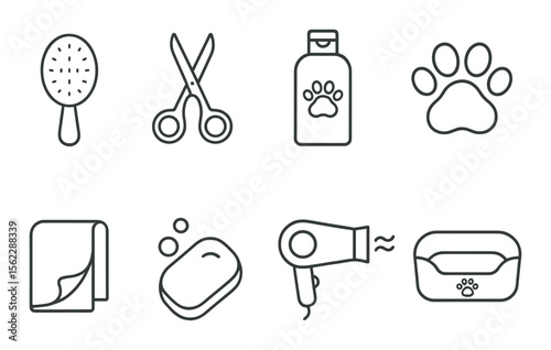 Pet grooming essentials icons set – outline, care and hygiene symbols