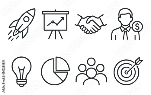 Startup pitch icons set – outline, business and entrepreneurship symbols