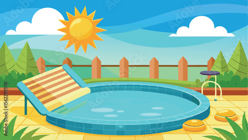 Cartoon Scene Swimming Pool, Sun, Lounger, Fence, and Sky with Clouds Graphic