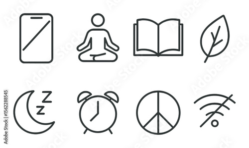 Digital detox line icons set – simple gadget-free and mindfulness symbols
