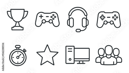 Gaming tournament icons set – outline, esports and competition symbols