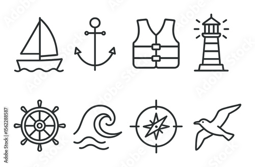 Nautical icons set – outline, marine and sailing symbols for your design projects