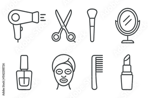 Salon essentials icons set in line style – beauty, grooming, and spa symbols