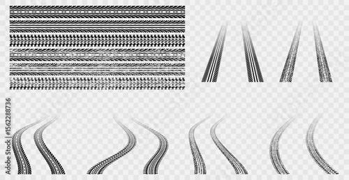 Set of Tire Track Marks and Patterns Vector Isolated on Transparent Background