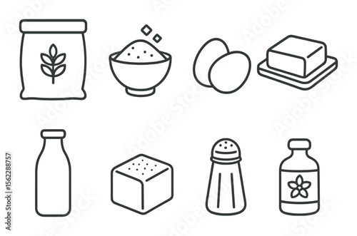 Bakery ingredients icons set – silhouette, cooking and baking essentials symbols
