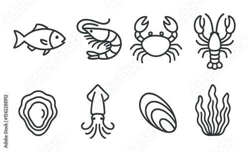 Seafood icons set – silhouette, aquatic and marine life graphic symbols