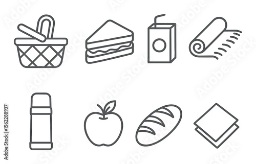 Picnic essentials icons set – line, simple outdoor and food symbols for design