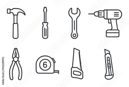 Diy tools icons set – silhouette, home improvement and repair tool symbols