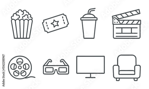 Movie night essentials icons set – outline, cinema and film themes