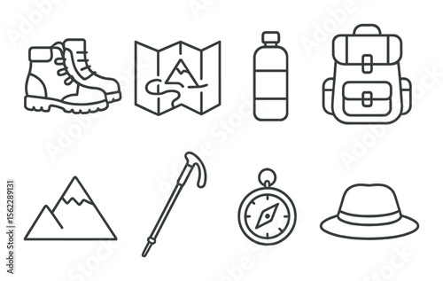 Hiking gear icons set – outline, camping and outdoor adventure essentials