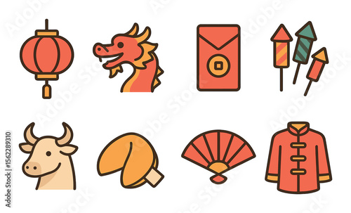 Modern chinese new year icons set – outline, festive and cultural symbols