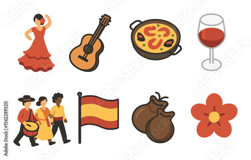 Spanish fiesta icons set – silhouette, cultural celebration and party symbols