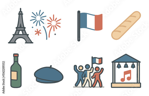 Bastille day celebration icons set – outline, french holiday and festival symbols