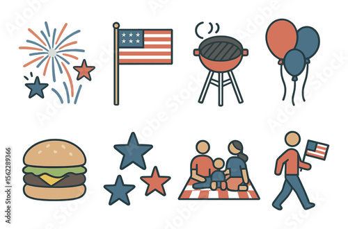 Independence day icons set - flat, picnic and celebration symbols
