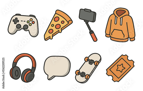 Teen hangout essentials icons set – flat style, casual youth and leisure symbols