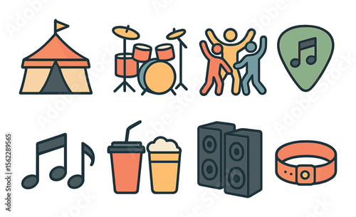 Music festival icons set – flat, concert and party celebration symbols