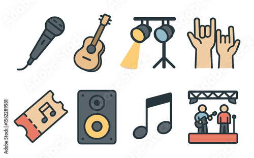 Concert icons set – linear, music event and performance symbols