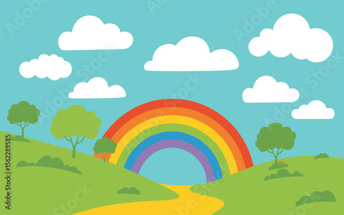 Illustration rainbow sky clouds nature landscape trees bright colorful happy children background vector art