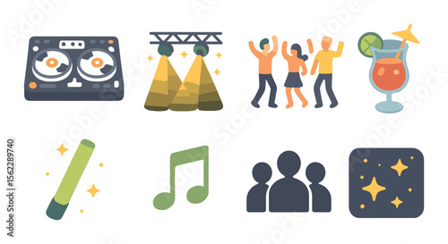 Night event icons set – silhouette, party and celebration symbols for festive themes