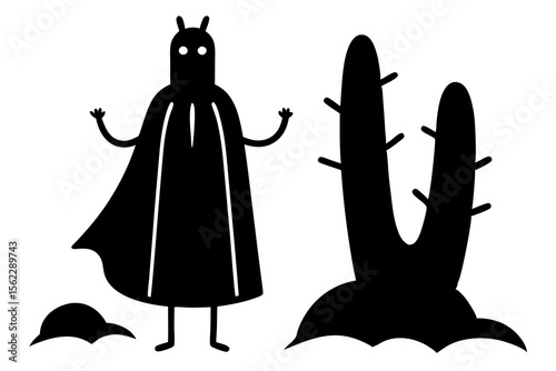 Alien Desert Creature Icon – Cartoon Character with Cactus Silhouette