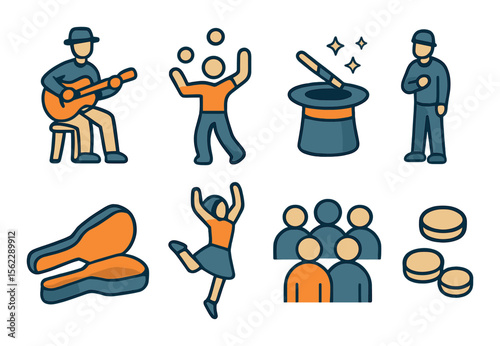 Street performance icons set – outline, busking and entertainment design symbols
